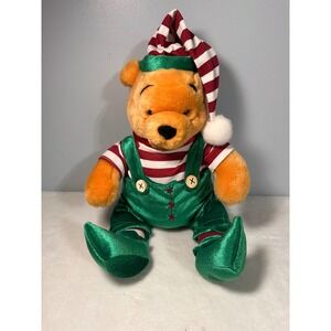 Disney Store Winnie the Pooh Small Christmas Elf Plush Holiday Bear Striped Hat